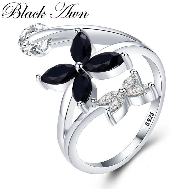 

[BLACK AWN] Cute Silver Color Jewelry Zircon Flower Elegant Wedding Rings for Women Black Spinel Girl's Finger Ring G055
