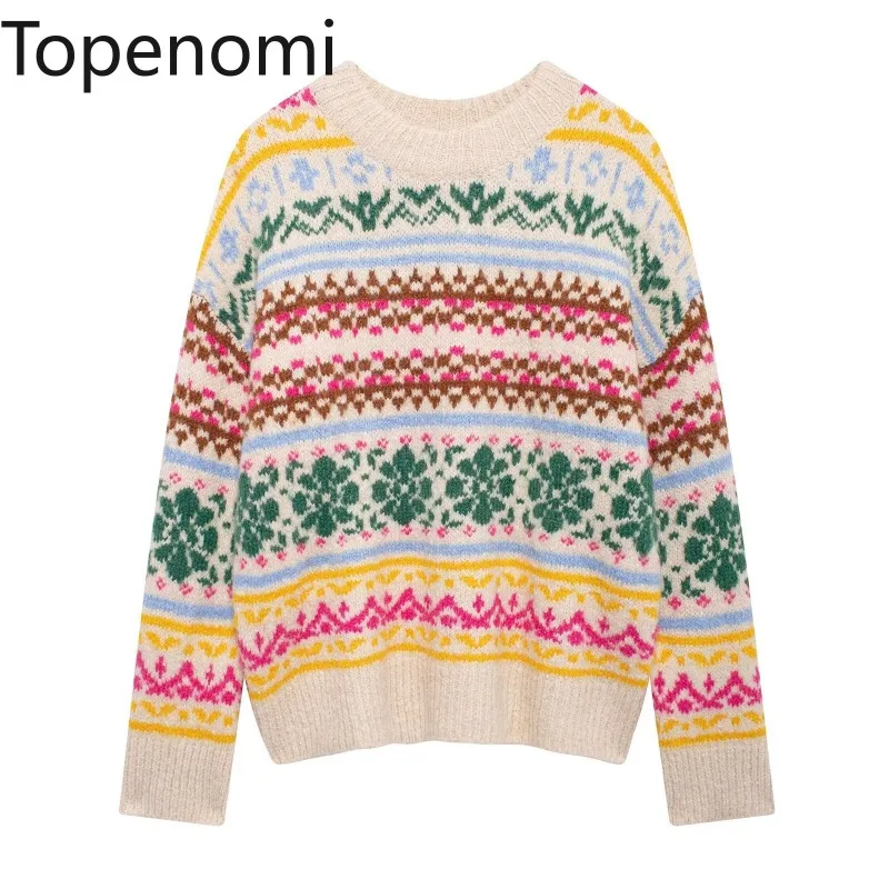 Topenomi модный жаккардовый вязаный пуловер женский американский ретро свободный