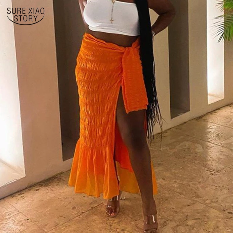 

Street Loose Pleated Skirt Elegant Solid Knotted Slit Slim Orange Skirt 2022 Summer Fashion Chic Sexy Skirt Women Clothing 22522
