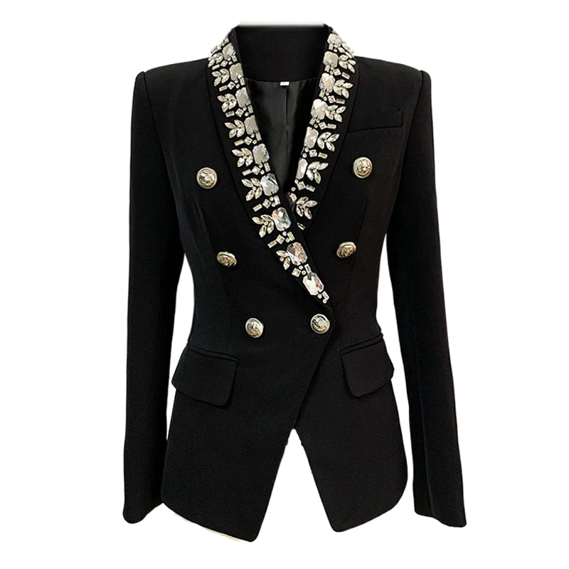 Jacket Women New in Outerwear 2023 High Quality Diamonds Shawl Collar Beading Double-breasted Button Female Formal Blazer