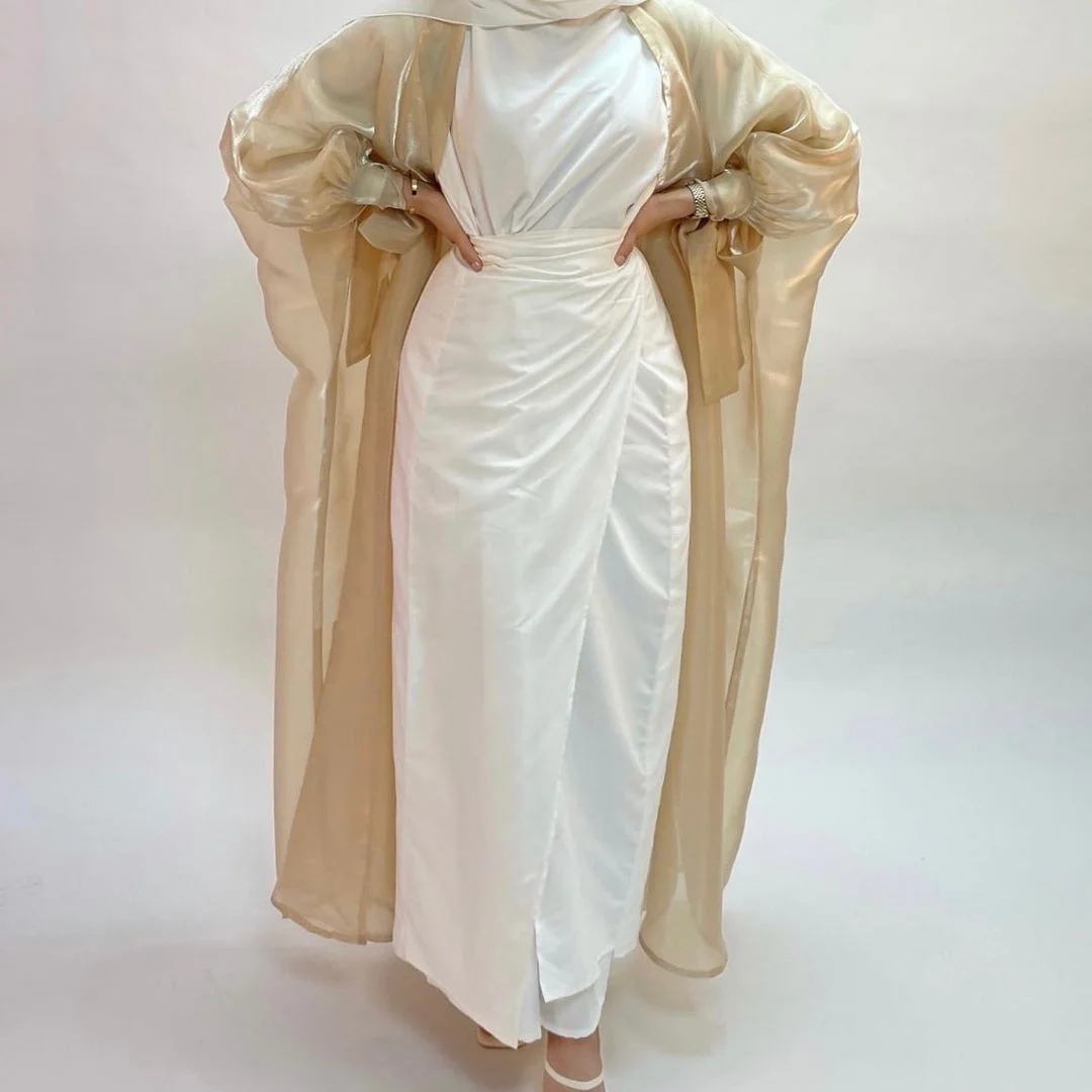 Eid Abaya Dubai Puff Sleeves Muslim Dress Silky Turkey Kaftans For Women Modest Dresses Robe Kimono Islam Abayas Femme Musulmane