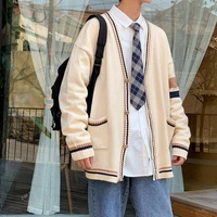 fashion cardigan retro button up preppy style teens students men patchwork striped coat autumn large size loose casual all match