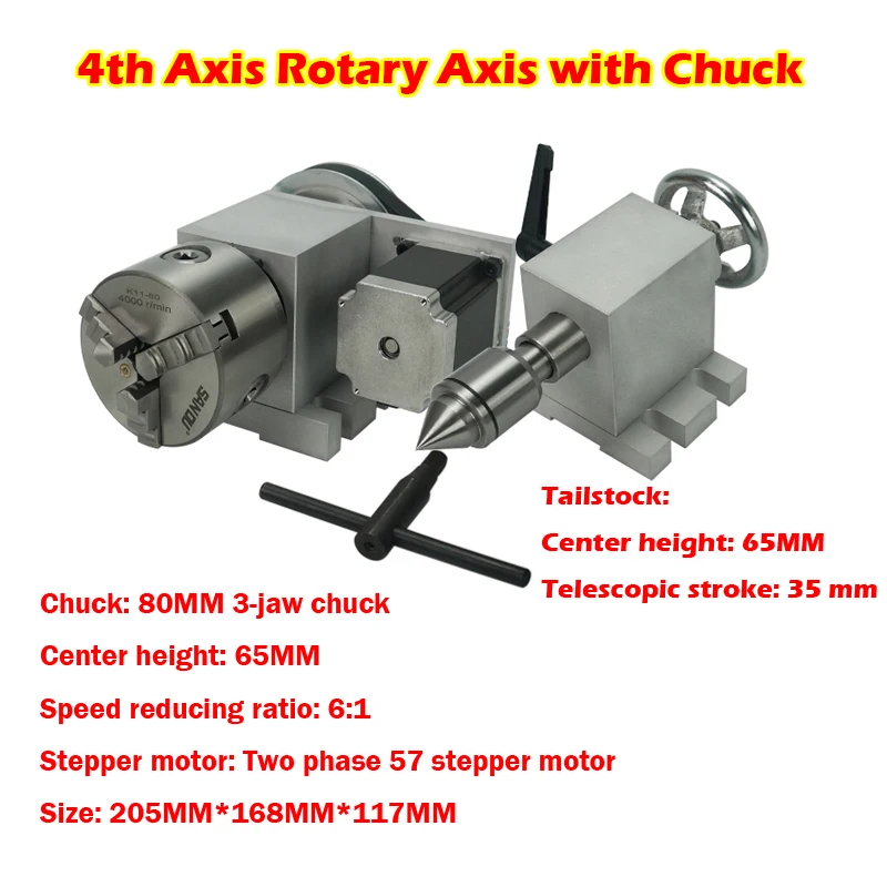 

CNC 4th Axis Rotary Axis with Chuck 80mm Center Height 65MM Tailstock 57 Stepper Motor for CNC Router Engraver Milling Machine