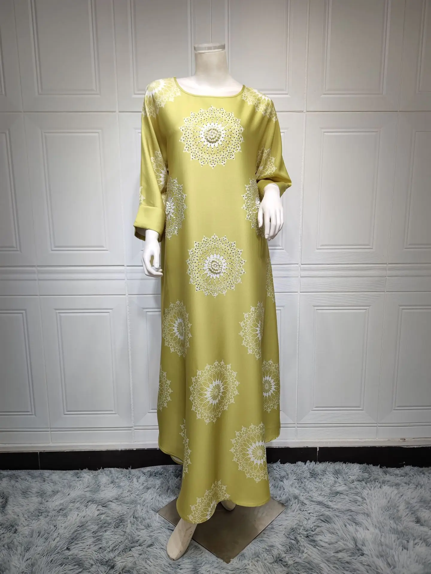Irregular Robe 2023 Cross Border Women's Flower Hot Diamond Bubble Bead Light Luxury Craft Printed Dress Muslim Dress Women