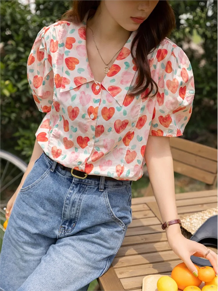 

New Summer Women's Tops Japanese Fashion Sweet Kawaii Cotton Linen Breathable Print Shirt Loose Female Puff Sleeve Blouses