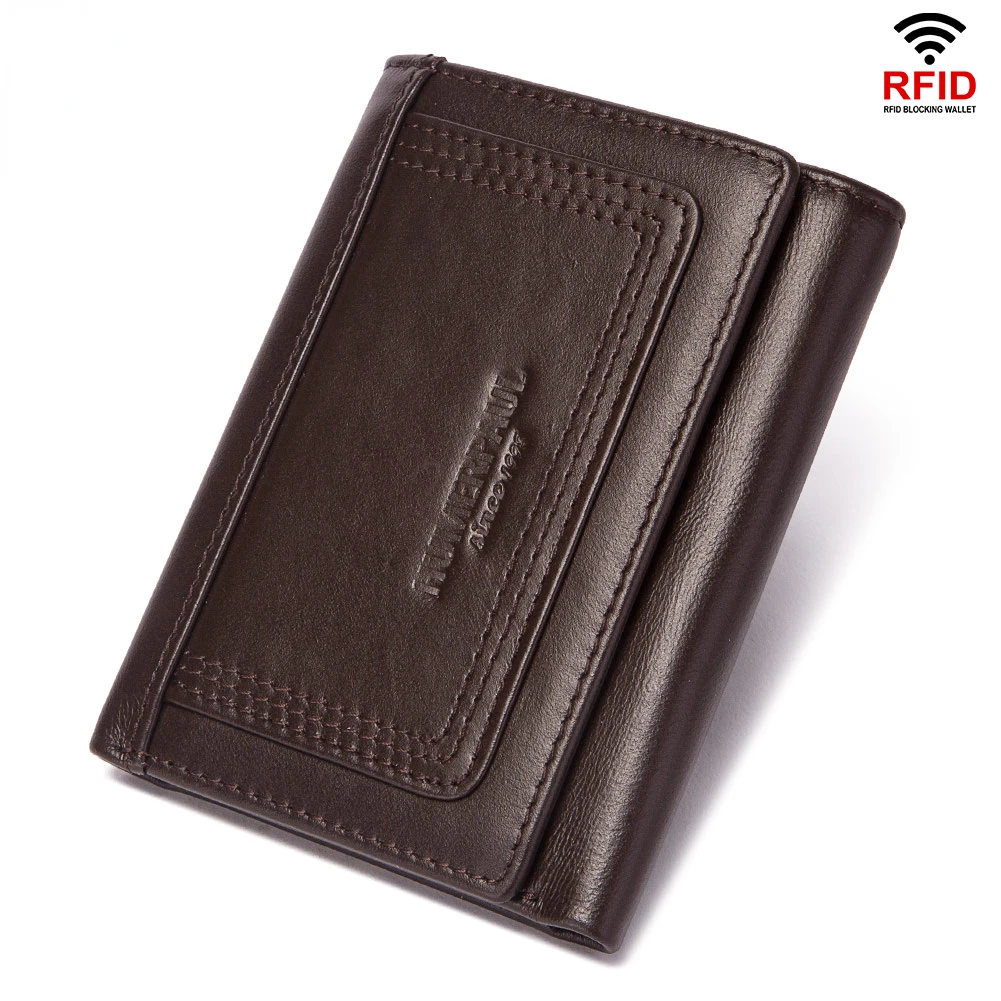 

Echt Leer Mannen Portefeuilles Rfid Blocking Mini Kaarthouders Luxe Tri-Fold Korte Clutch Geld Tas Met Zip Portemonnee