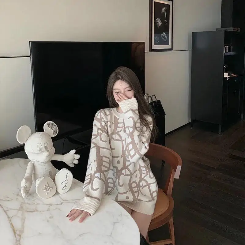 

Autumn Winter Mid-Length Sweater Women jacquard Coat Idle Korean Fashion Pullover Knitwear Oversized Sweater Long Sleeve Blusas