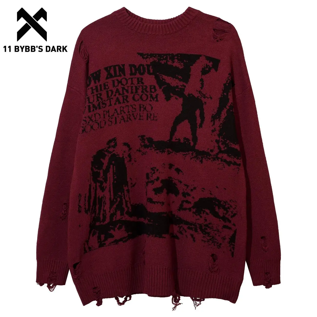 

11 BYBB'S DARK 2022 Winter Streetwear Film Effect Abstraite Hole Cut Sweater Pullover Streetwear Oversize Loose Knit Sweater Top