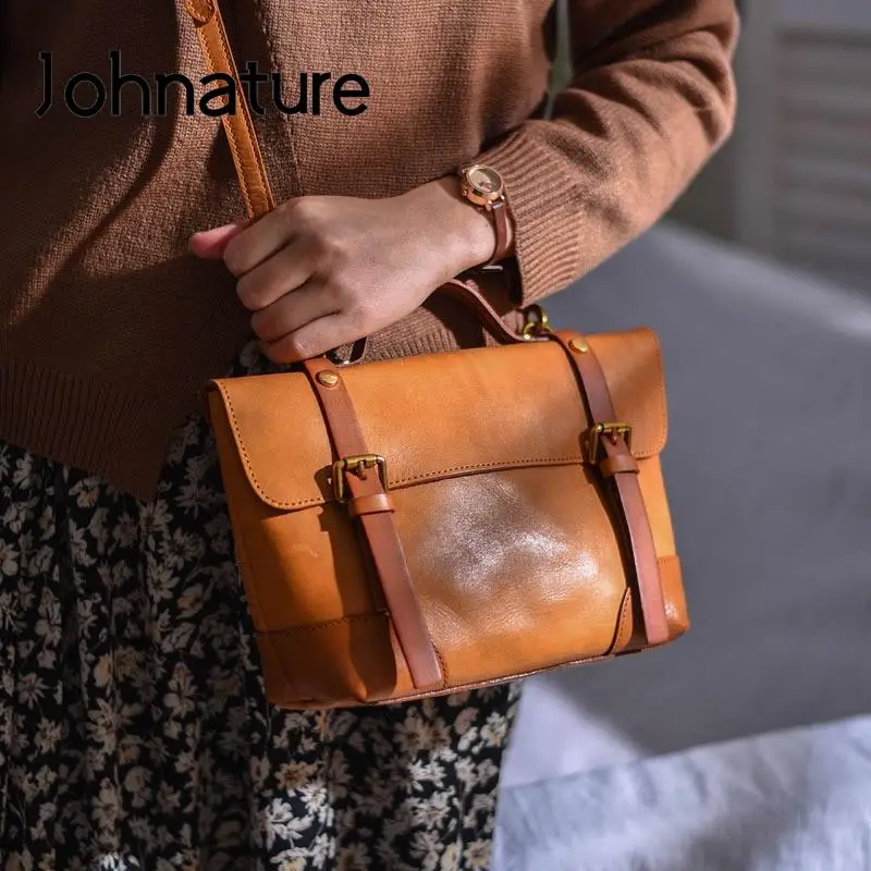Johnature Retro Handmade Genuine Leather Women Bag 2023 New College Style Contrast Color Real Cowhide Shoulder & Crossbody Bags