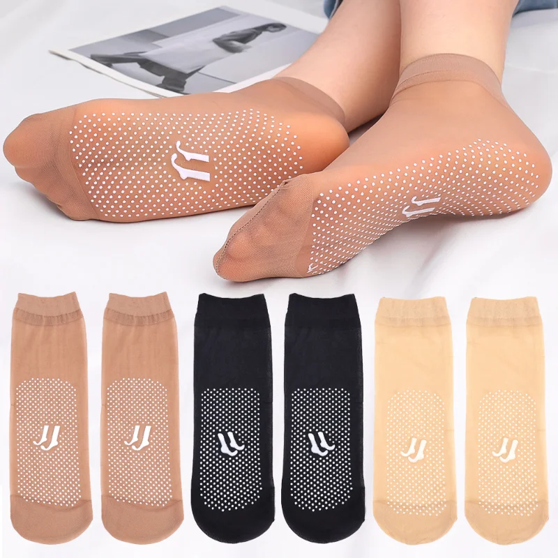 20pcs=10Pairs Women Soft Socks Summer Velvet Breathable Thin Non-Slip Bottom Splice Transparent Ladies Girls Crystal Silk Sock