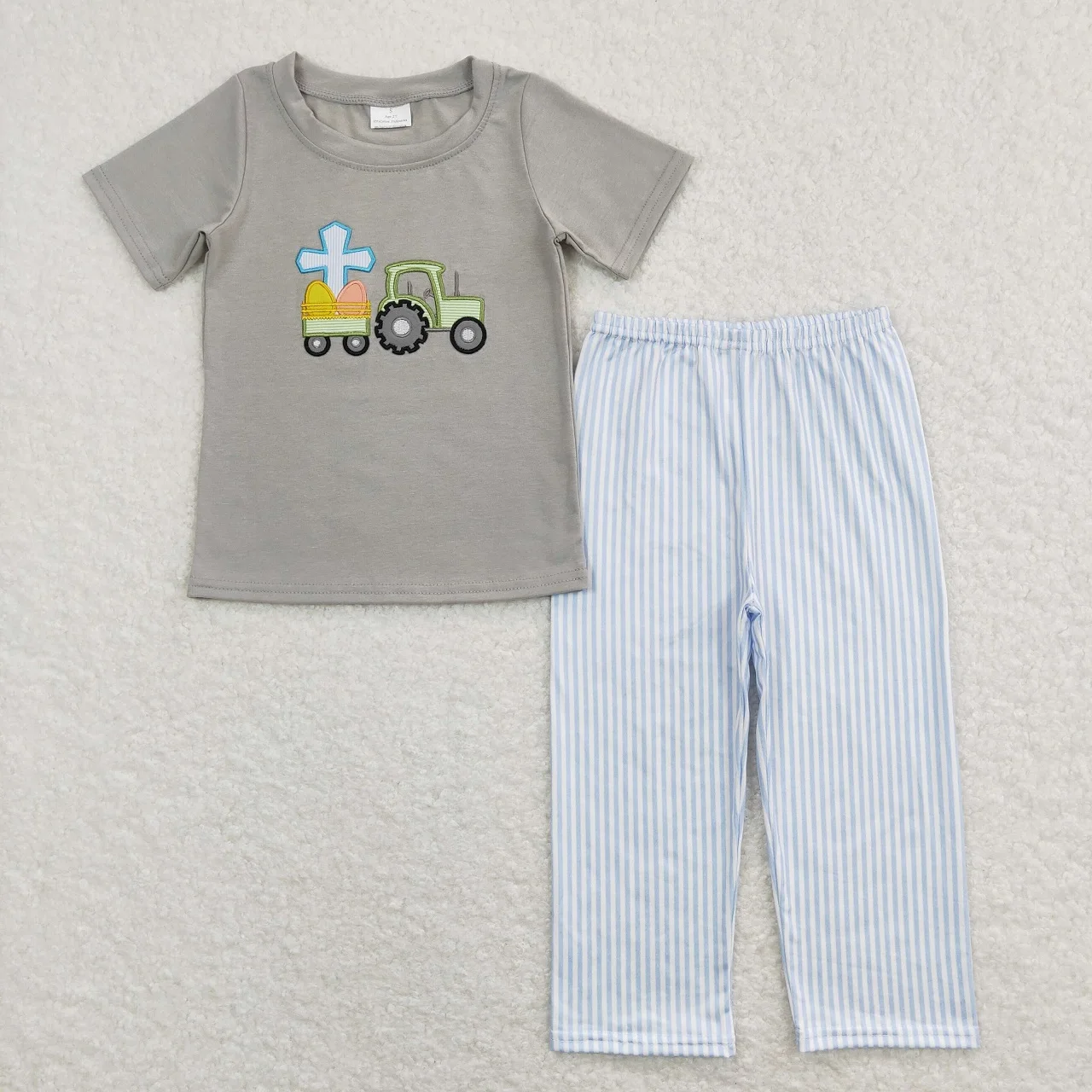 

Wholesale Baby Boy Easter Set Children Short Sleeves Embroidery Tractor Eggs Shirt Blue Stripes Pants Infant Pajamas Outfit