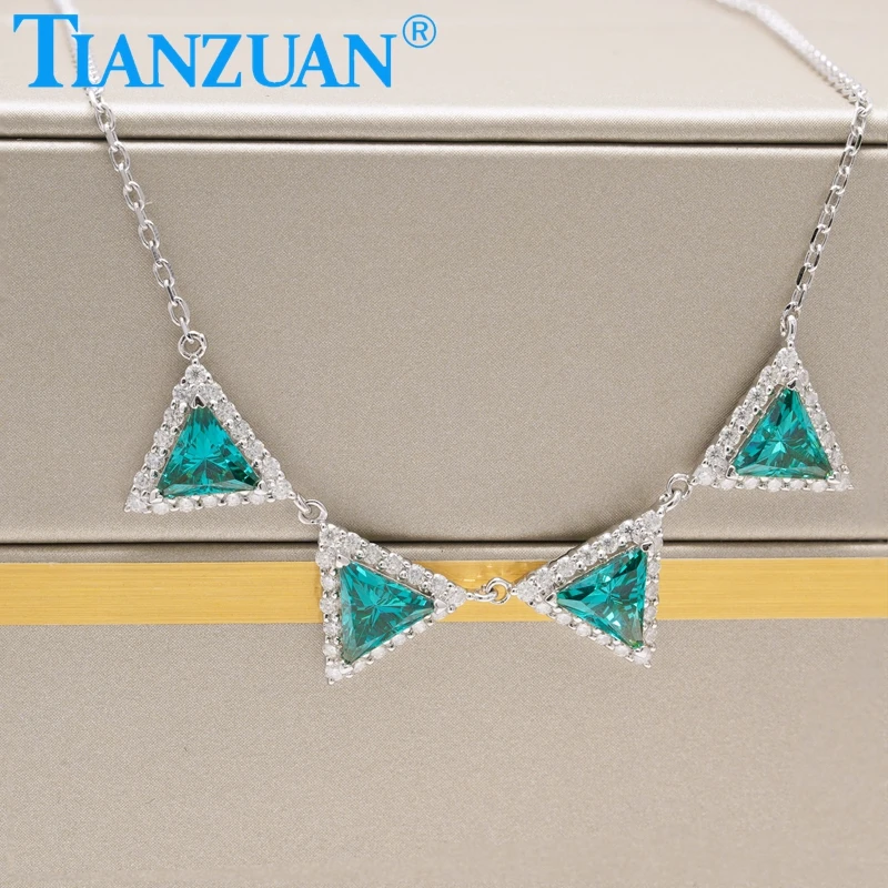 Hot Vintage Multilayer Triangular Pendant Paraiba Zircon Necklace Luxurious 925 Silver For Women Party Gift Wedding Fine Jewelry
