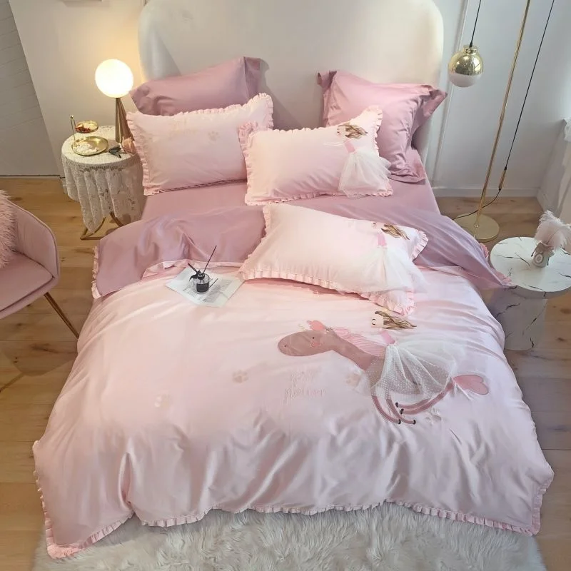 

Pink Princess Lace Skirt Embroidery 600TC Egyptian Cotton Bedding Set Queen King Duvet Cover Bed Sheet Pillowcases Home textiles
