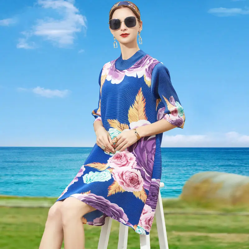 

Spring and summer dress female half-high collar ancient blue printing temperament thin loose folds long dress 2022 new dress