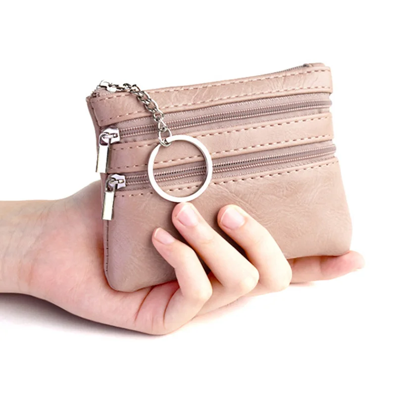 

Solid Color PU Leather Coin Purse Women Men Two Zipper Coin Pouch Credit Card Holder Key Ring Short Small Wallet Money Pocket