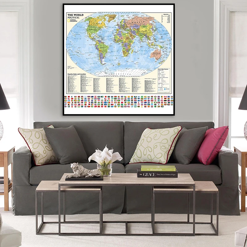 

The World Map 60*60cm Unframed Print Wall Decorative Poster Non-woven Canvas Painting Teaching Supplies Home Living Room Decor