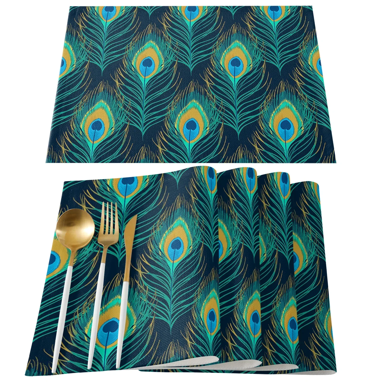 

Набор из 4 скатертей, льняная салфетка с художественным принтом и перьями павлина, кухонные аксессуары