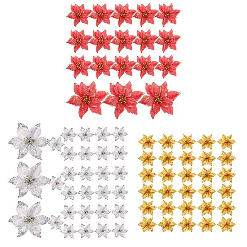 

50 Pack Glitter Poinsettia Christmas Tree Ornaments Artificial Silk Flowers Picks Decor Wreath Garland Holiday