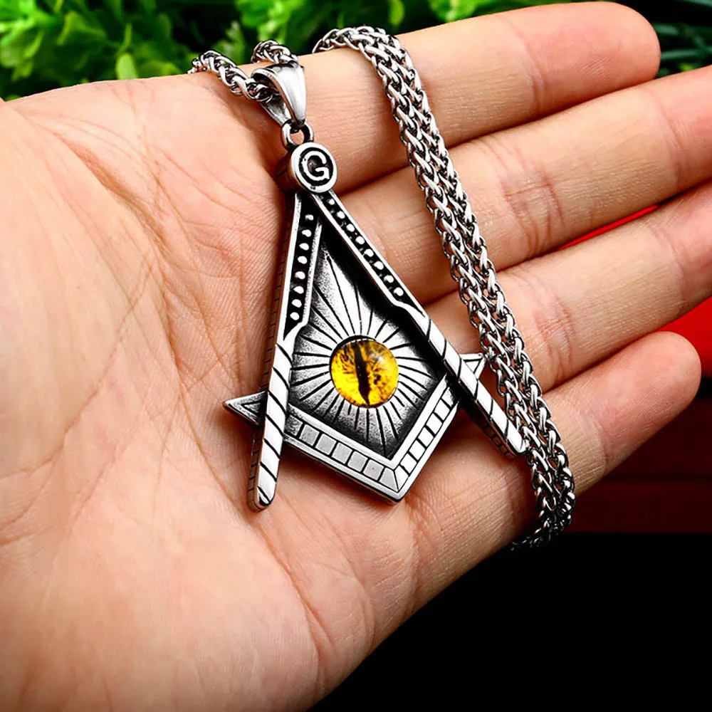 

Vintage Stainless Steel Masonic Triangle Pendant Necklace Men Classic All Seeing Eye Necklace Chain Amulet Jewelry Wholesale
