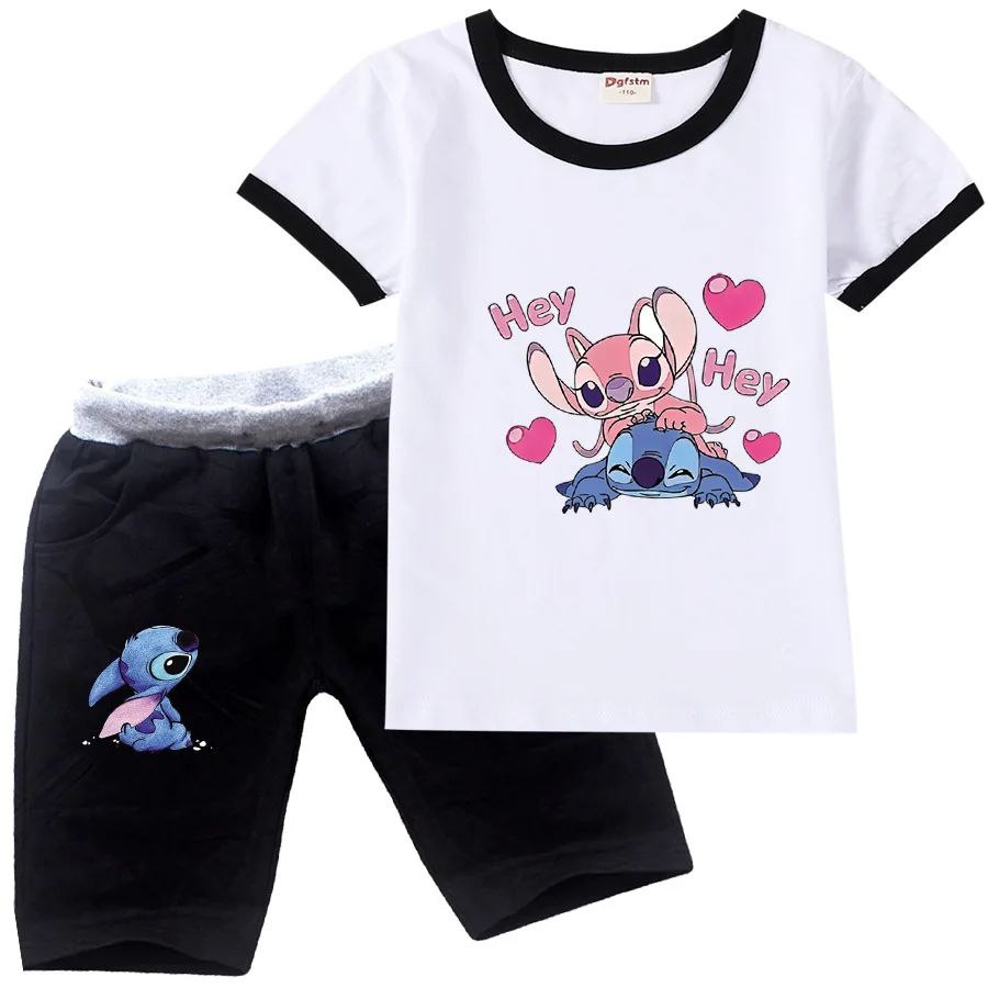 

2022 Summer New Disney Stitch Cartoon Print Boys Sportswear Cute Short Sleeve Cotton T+ Shorts Streetwear Girls Suits 2-15Y
