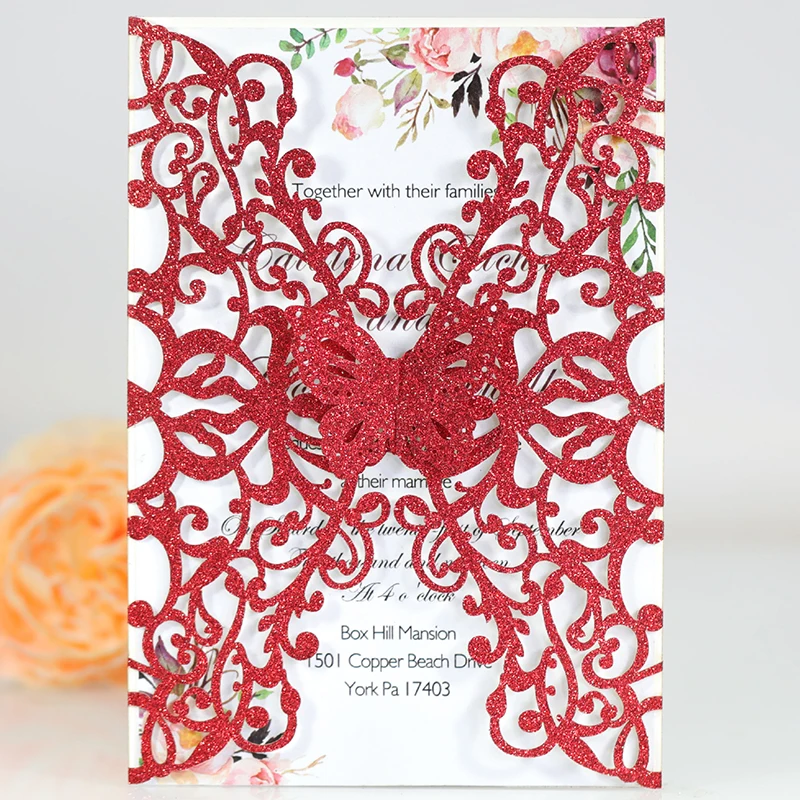 

10pcs Butterfly Invitation Card Glitter Paper Wedding Invitations with Envelope Greeting Cards Gift Card Customization for Party