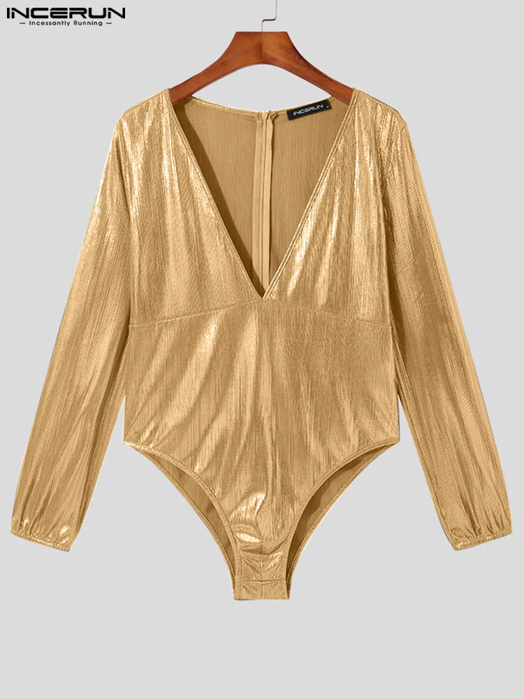 

INCERUN Men Bodysuits Sexy Deep V Neck Long Sleeve Solid Color Shiny Pajamas Bodysuit 2022 Fashion Men Rompers Underwear S-5XL