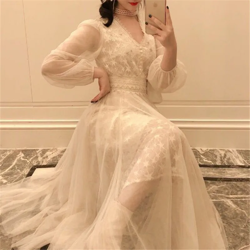 

Dress Female Spring Summer New Mesh Solid Color V-neck Zipper Long-sleeved Fashion Temperament Long Skirt Women's Clothing M026