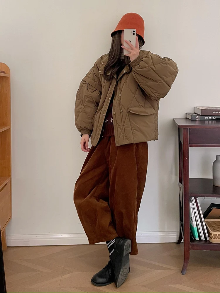 Zzlady Diamond Plaid двубортный пуховик женский 2023 зима новинка с рукавами-фонариками и