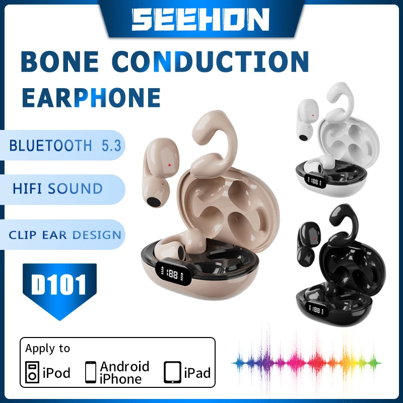 

TWS Wireless Headphones Bluetooth 5.3 Bone Conduction Earphones Earclip Design Touch Control LED Earbuds Sports Headsets