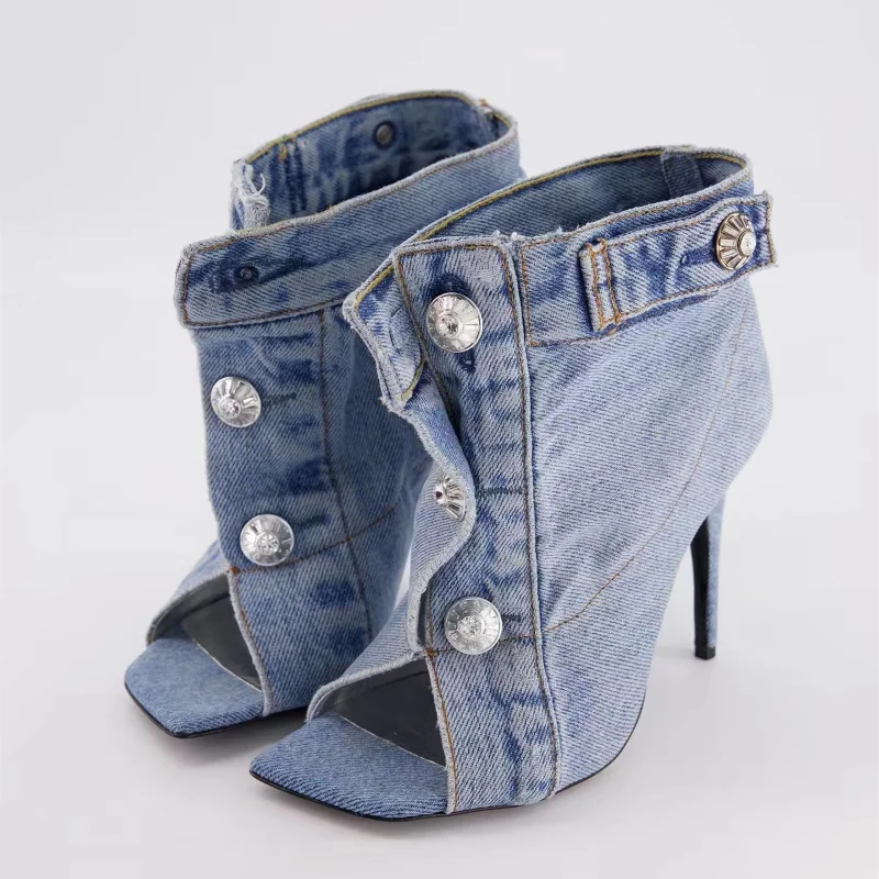 Europe and America Summer New Style Women's Vintage Denim Slim High Heel Button Sandals Fashion Open Teeth Large Size Sandals