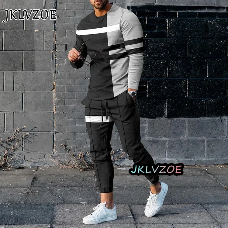 New Sportswear T Shirt Long Pants 2 Piece Sets Men Spring two piece Outfit Oversized Tracksuit Suit Men Jogging Clothing Set