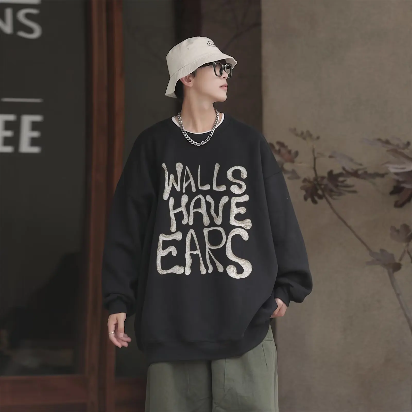 

Hoodie Men's Autumn Letter Print Top Retro Loose O Neck Basic Tops Hip Hop Streetwear Harajuku Sweatshirts Men's Autumn Korean
