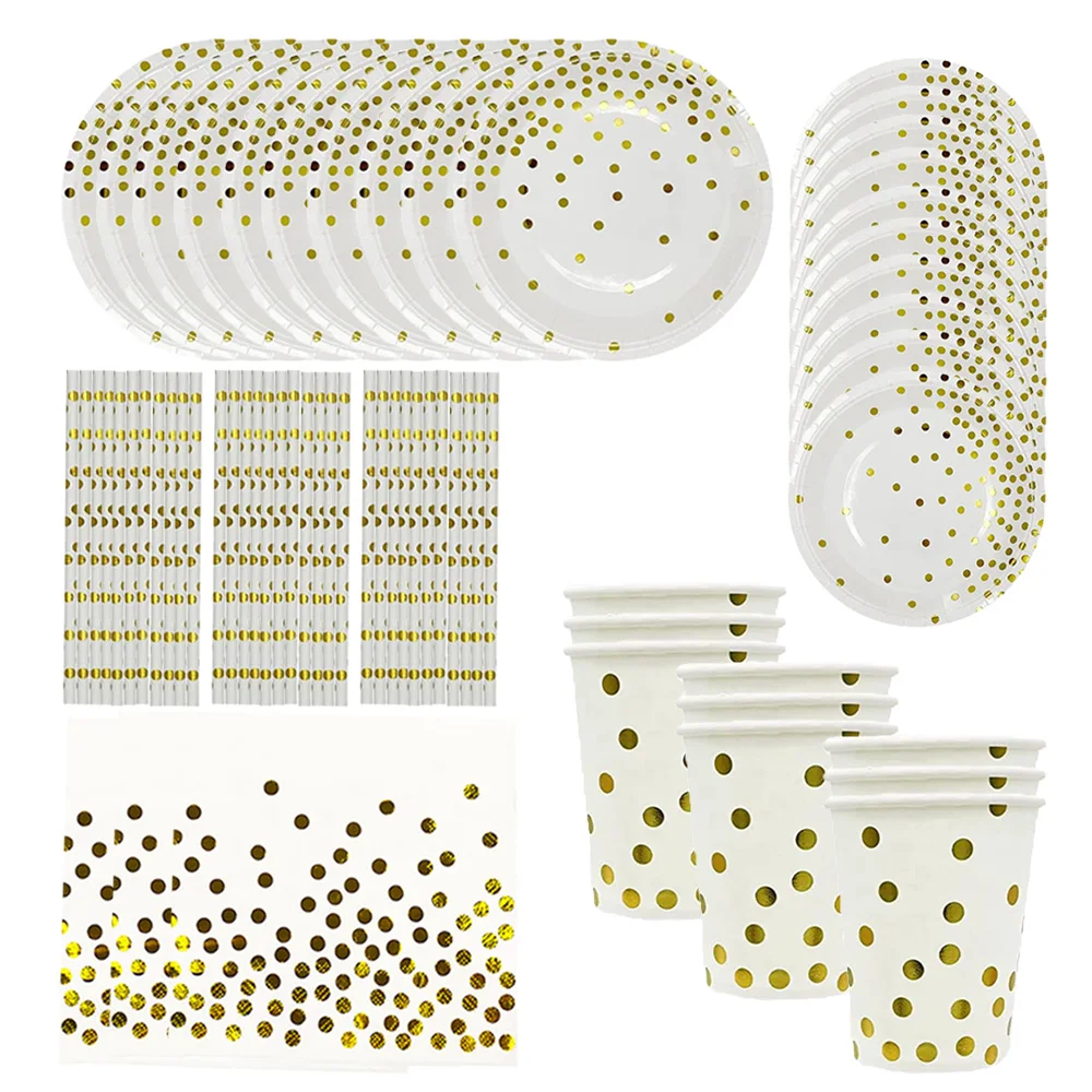 

White Gold Wedding Party Supplies Disposable Dinnerware White Paper Plates Cups Gold for Baby Birthday Fathers Day collection