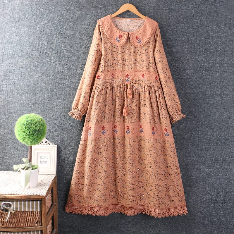 

Spring New Sweet Embroidered Dress Women Long Sleeve Casual Double Pockets Midi Dress XYF121503