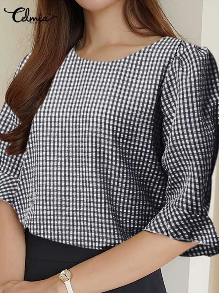 

Блузка Celmia женская с пышными рукавами, элегантная клетчатая рубашка с круглым вырезом, модный тонкий топ в Корейском стиле, повседневная Ми...