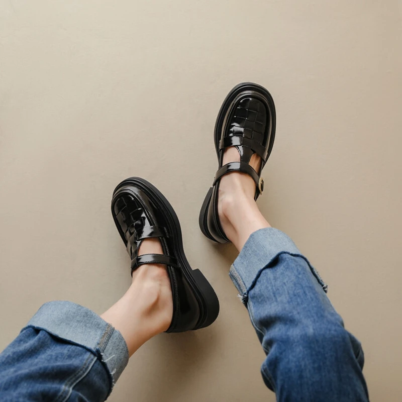 

NEW Spring Women's Loafers Split Leather Shoes for Women Round Toe Chunky Heel Shoes Retro Low Heel Women Pumps Weave Cute Shoes