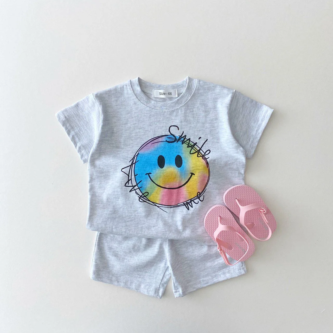 INS Summer Style Baby Boys and Girls Baby Smiley Face Print Two-piece Cotton Casual Loose Suit Tide Baby Boy Girl Clothes Sets