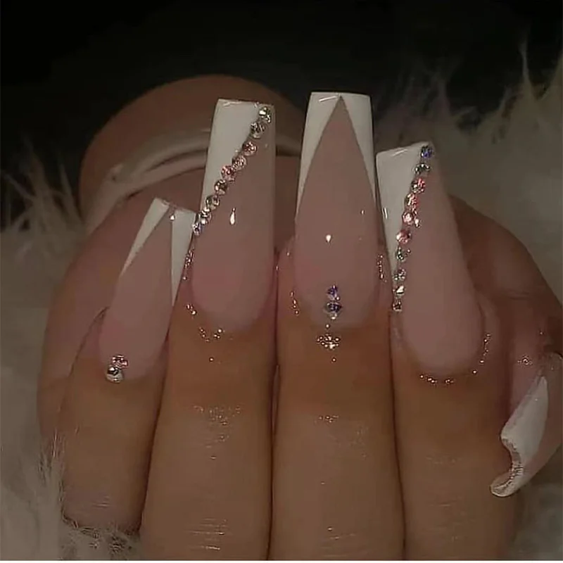 

24pcs new European and American long fake nails point drill French manicure white V-shaped French nail art decorations manicure
