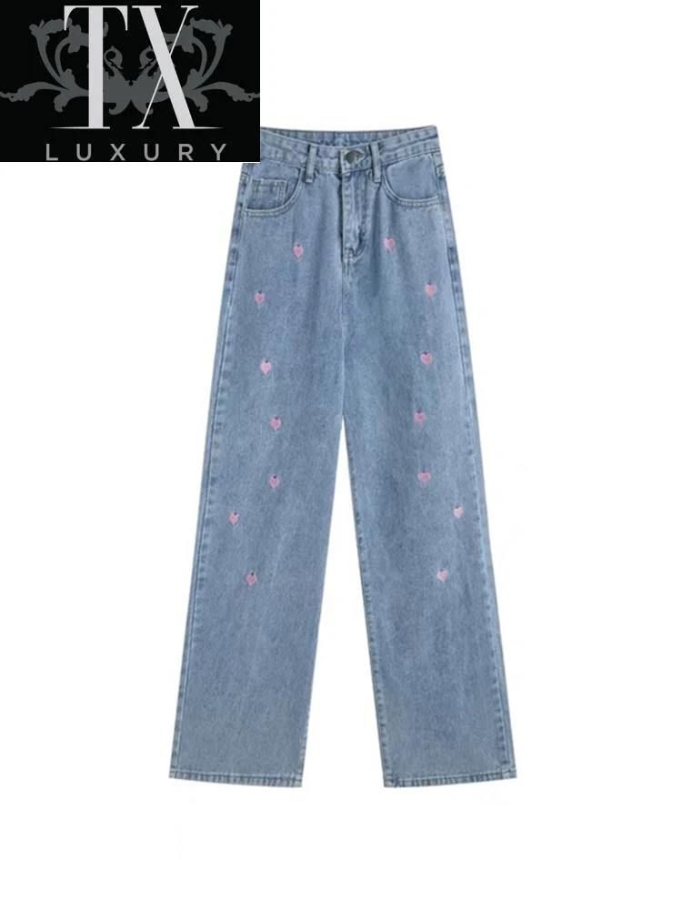 

Women Jeans Vintage Heart Shaped Embroidery Streetwear High Waist Wide Leg Pants Baggy Harajuku Straight All-Match Denim Trouser