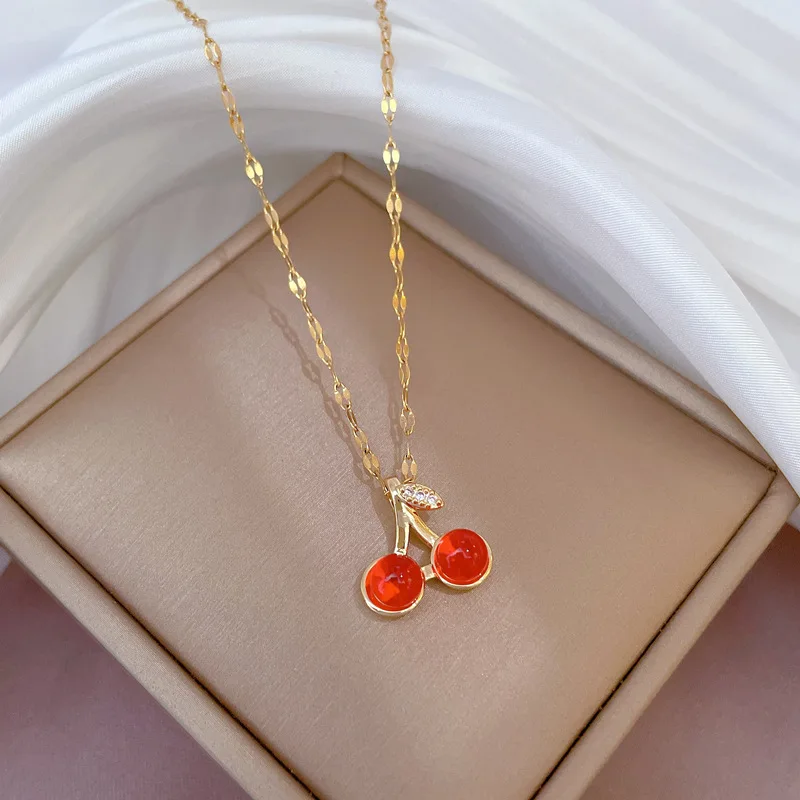 

Sweet Opal Cherry Pendant Necklace for Women Girls Gold Color Chain Choker Statement Wedding Party Birthday Jewelry Gift Collar