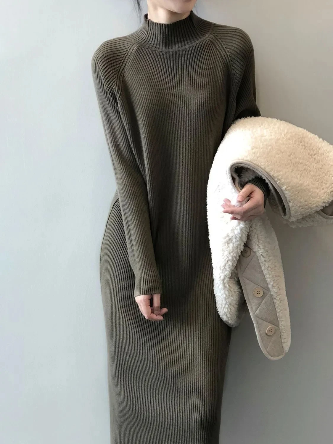 

2023 New Autumn Winter Sweater Dress For Women Clothing Elegant Half High Neck Slim Knitted Dress Jersey Dresses 47