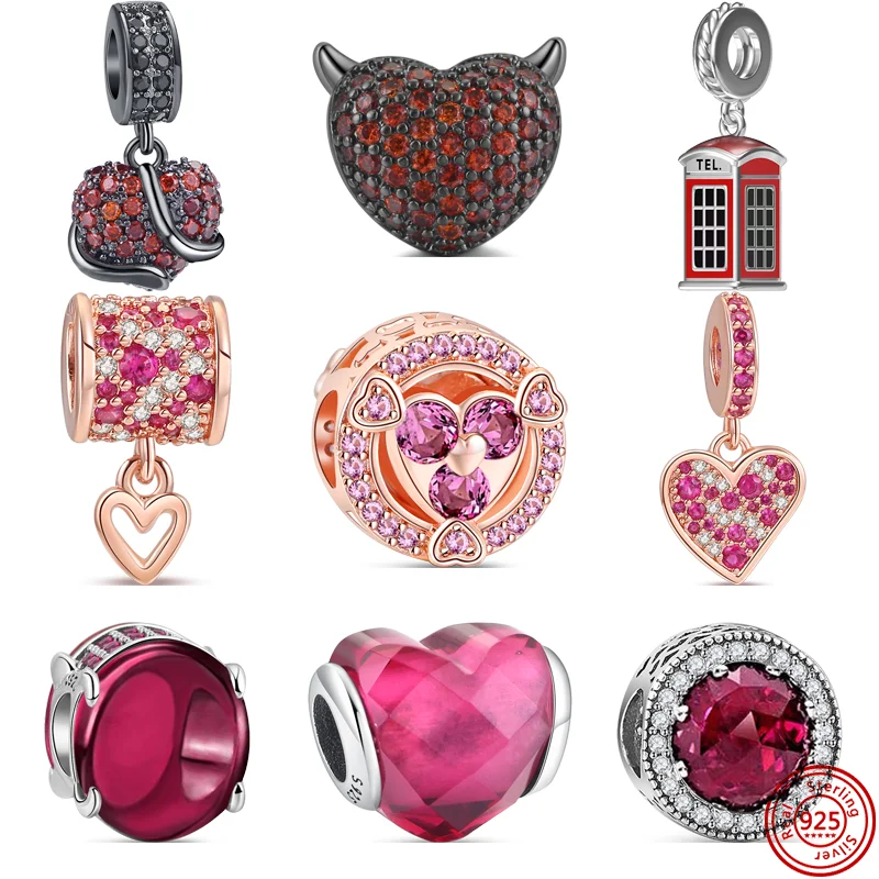 

2022 New 925 Silver Red Zircon Heart Pave Sparkling Beads Fit Original Pandora Charms Bracelet DIY Making Women Fine Jewelry