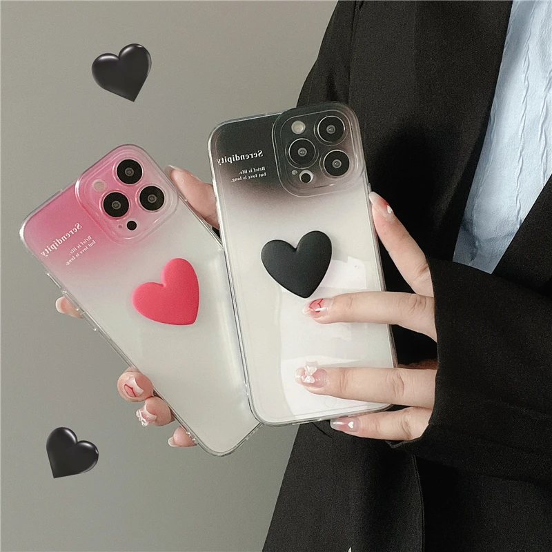 

Ins Gradient Black and Red Three Dimensional Love Phone Case For iPhone13 12 11 XS XR X Pro Max Mini 7 8 Plus SE Shockproof Cove