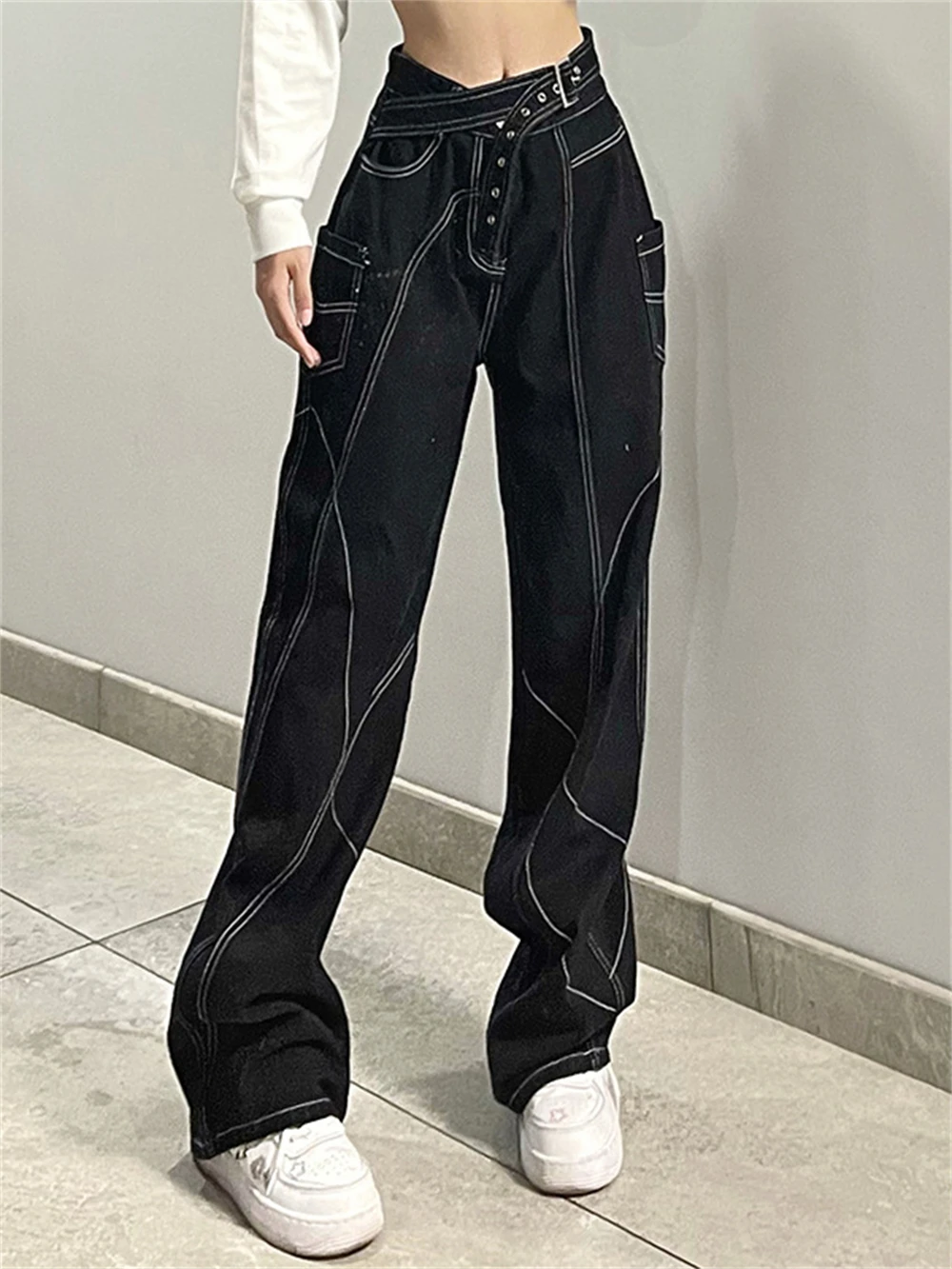 

Women Y2k Black High Waist Kpop Baggy Jeans Street Style Vintage Loose Cargo Pants Korean Casual Harajuku 90s Denim Trousers