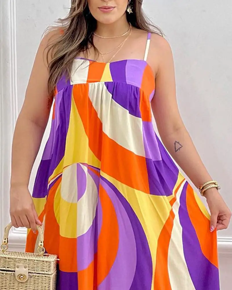 

Geometric Print Spaghetti Strap Maxi Dress Women Long Maxi Loose Sleeveless Slash Neck High Waist Spring Summer Dress
