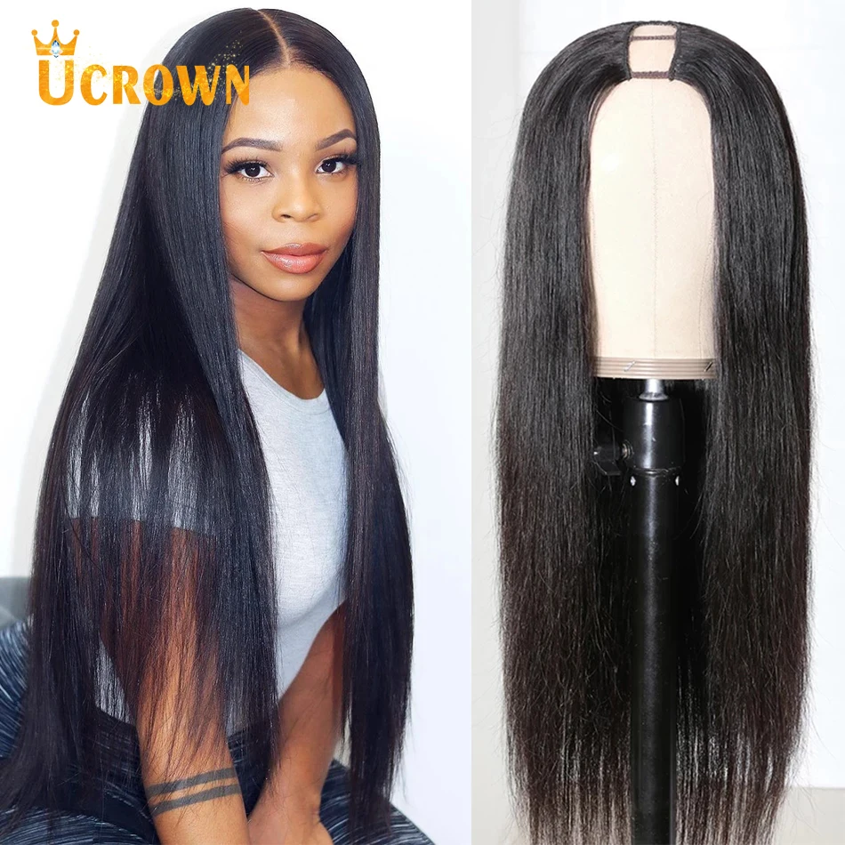 

Прямой парик Ucrown с U-образной частью, прозрачные передние парики из человеческих волос на сетке, бразильские волосы для женщин, без клея, 32 дюйма, 150 или 180
