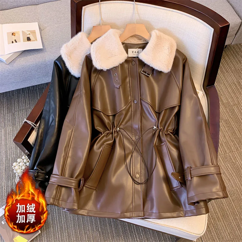 Plus Size Clothes Women Winter Parkas Leather Jacket Coat 2022 Plus Velvet Thick Fashion Femme Vintage Mid-Length Warm Overcoat