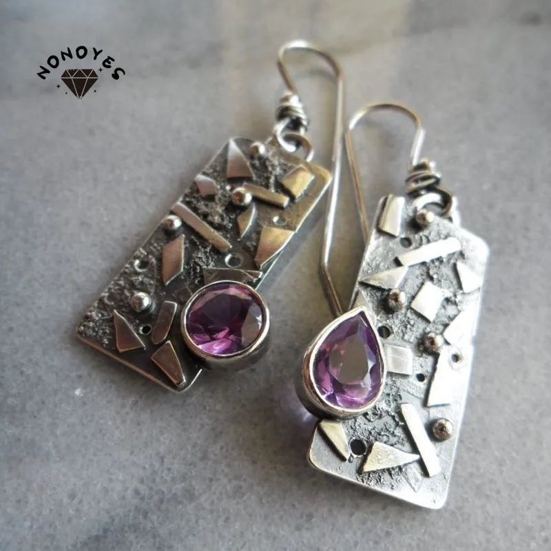 

Boho Carved Amethyst Stone Asymmetric Eardrops Vintage Silver Color National Style Earrings 2022 New Women's Fashion Jewelry