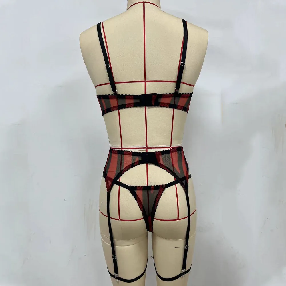 Europe and America sexy thin leopard bra suit mesh printed underwear women's garter belt