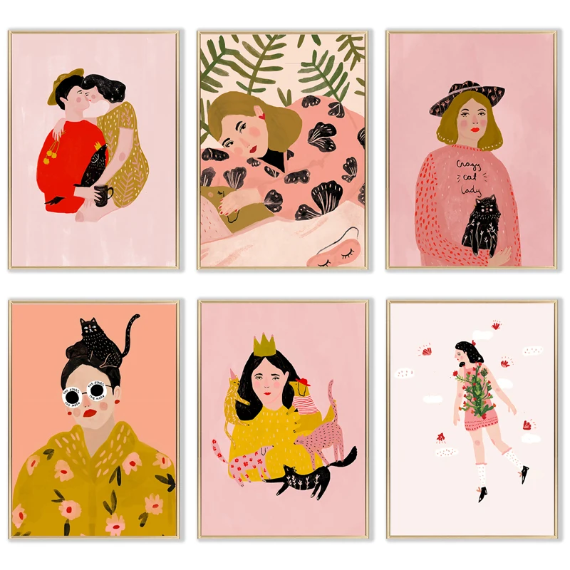 

Fashion Nordic Cat Girl Canvas Painting Pink Lover Animals Art Posters and Prints Wall Decor Picture for Living Room Bedroom
